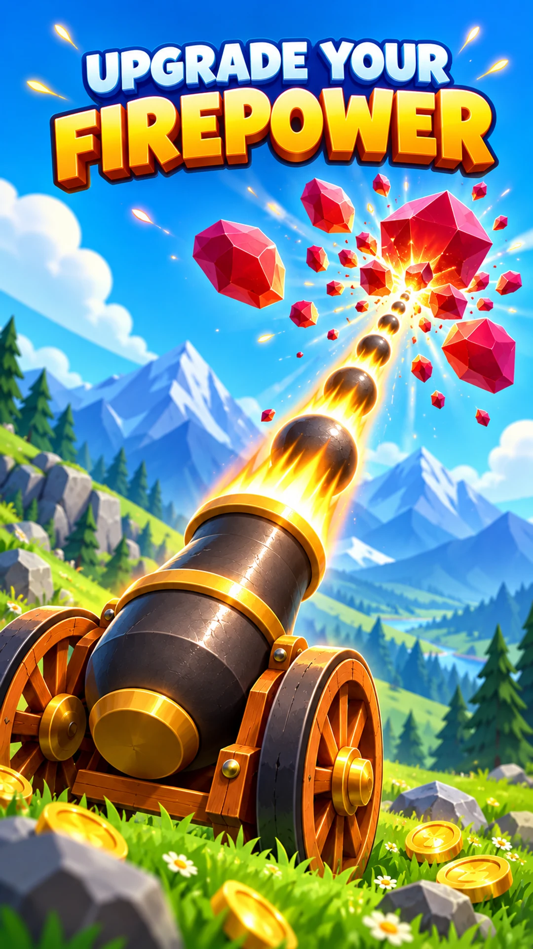 Upgrade your firepower: illustrated brass-trimmed cannon and collectible coins